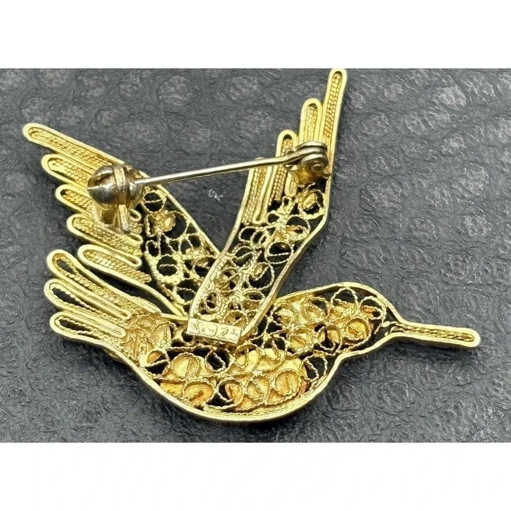 VTG Hummingbird Brooch Vermeil 925 Sterling Silver Turquoise Coral Blue Enamel
